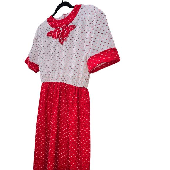 Red & White Prairie Midi Dress with Rose Appliqué – Size M/L (Handmade) - Picture 7 of 16